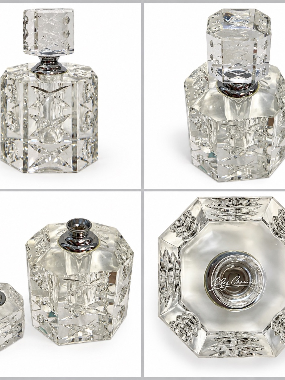Oleg Cassini Signed Leaded Crystal Cut Glass Carved Perfume Bottle 4" Empty - Picture 6 of 6